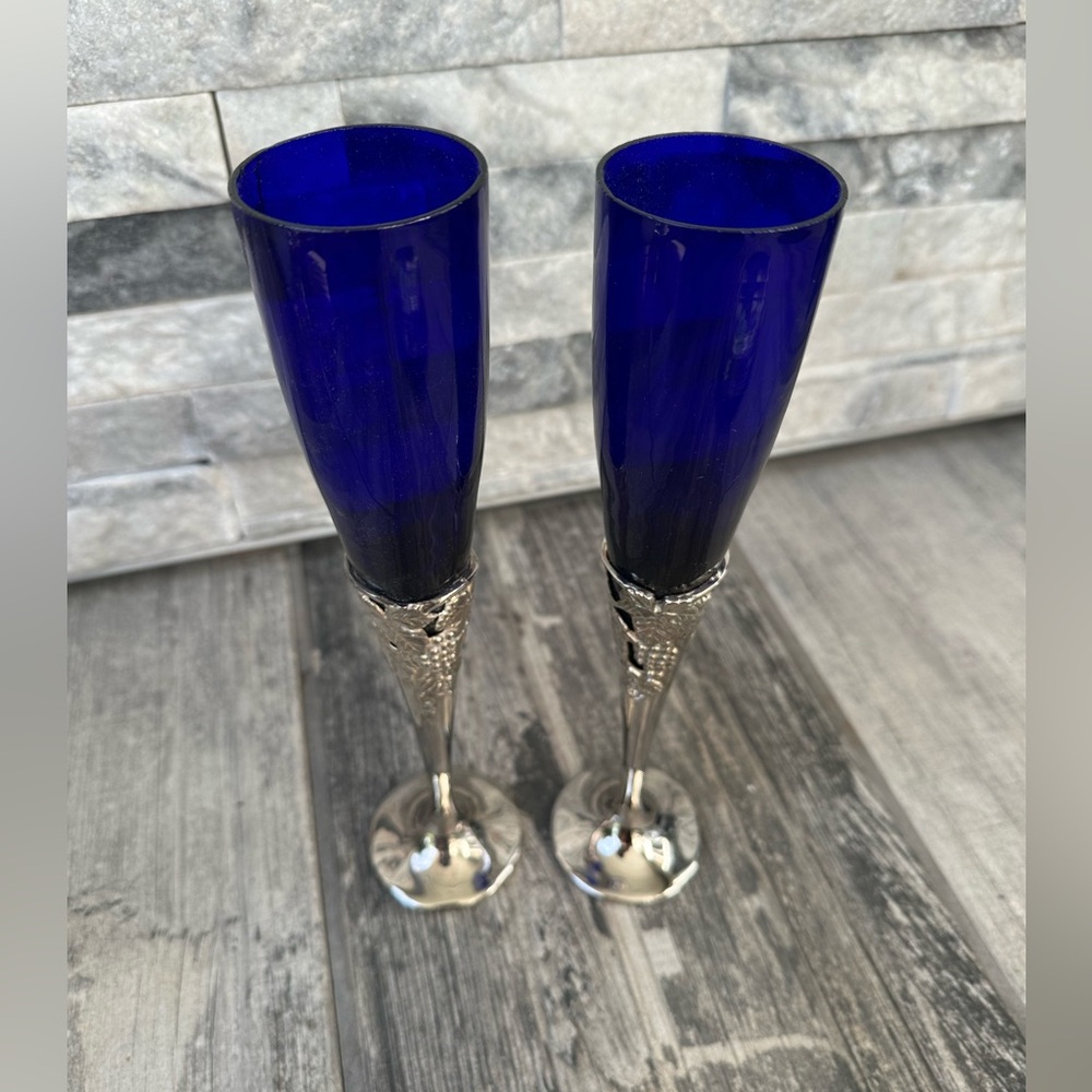 Silver plated cobalt blue fluted Champaign glasses Set of 2 - Picture 3 of 12